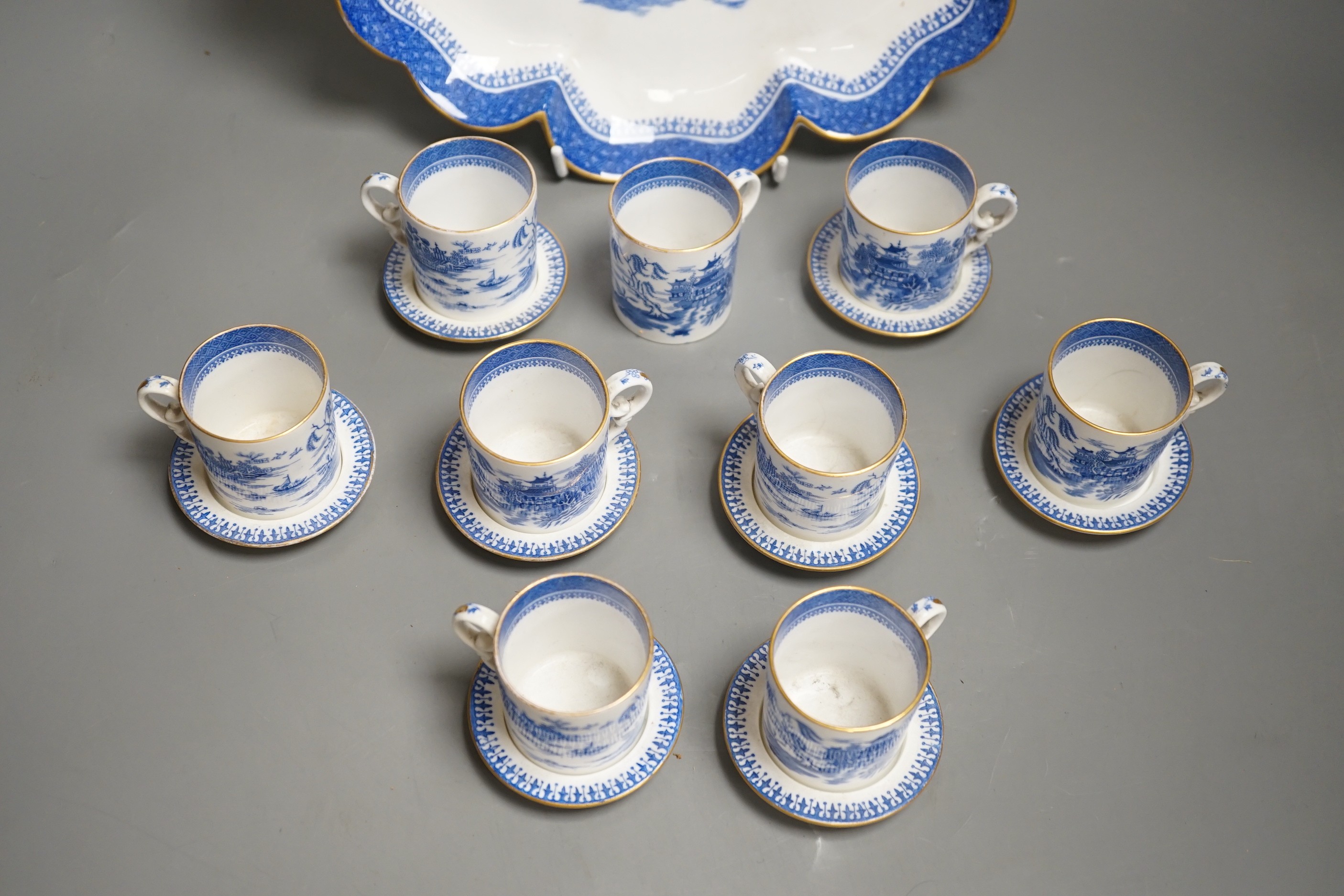 A Copeland blue and white Willow pattern part coffee set including a tray